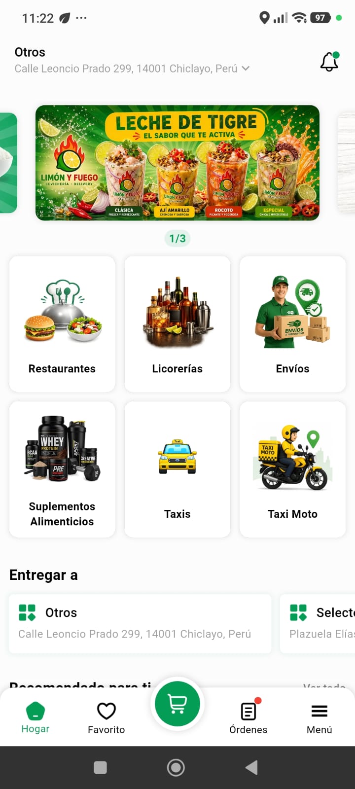 Pantalla principal actual de la aplicación Yara con restaurantes, envíos, taxis y taxi moto